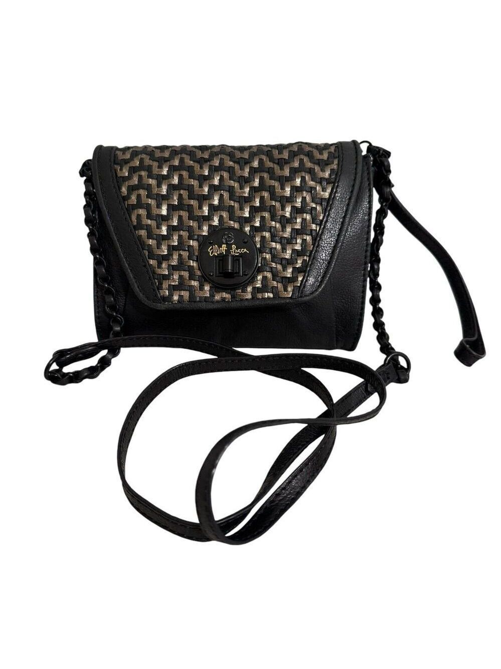 Elliott Lucca Crossbody Wristlet Bag Woven Black Gold Woven Flap Turn Lock